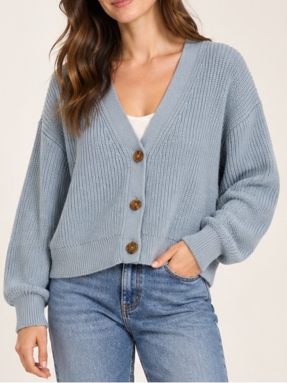 Quince Light Blue Chunky Ribbed Knit Button Cardigan Size L